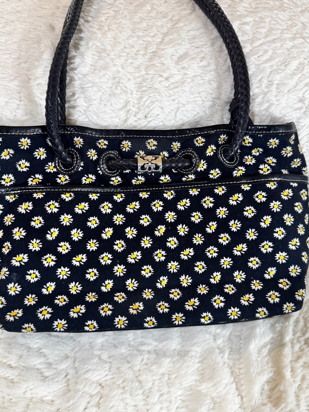 Vintage Brighton Daisy Tote Bag Purse Leather Braided Shoulder Straps Black